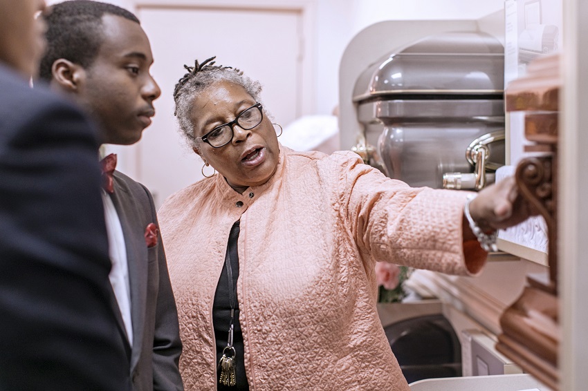 East Mississippi Community College Funeral Services Technology Director Octavia Dickerson, at right, speaks to student Leonard Williams, Jr., of Columbus, during a class in this photo taken last year. East Mississippi Community College Funeral Services Technology Director Octavia Dickerson, at right, speaks to student Leonard Williams, Jr., of Columbus, during a class in this photo taken last year.